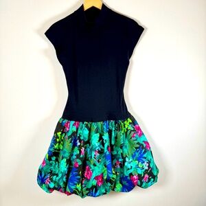 All That Jazz Vintage VTG Drop Waist Blouson Bubble Skirt Tropical Mini Dress 10